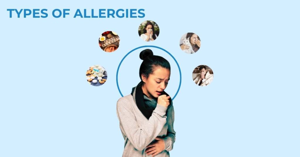 A young woman coughing, surrounded by icons representing various allergy types such as medications, pets, foods, and seasonal allergens.